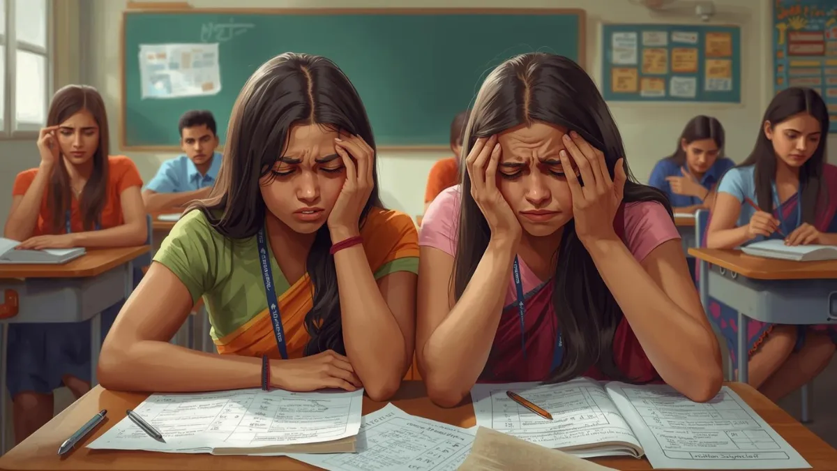 Students stressed and anxious comparing test scores in classroom